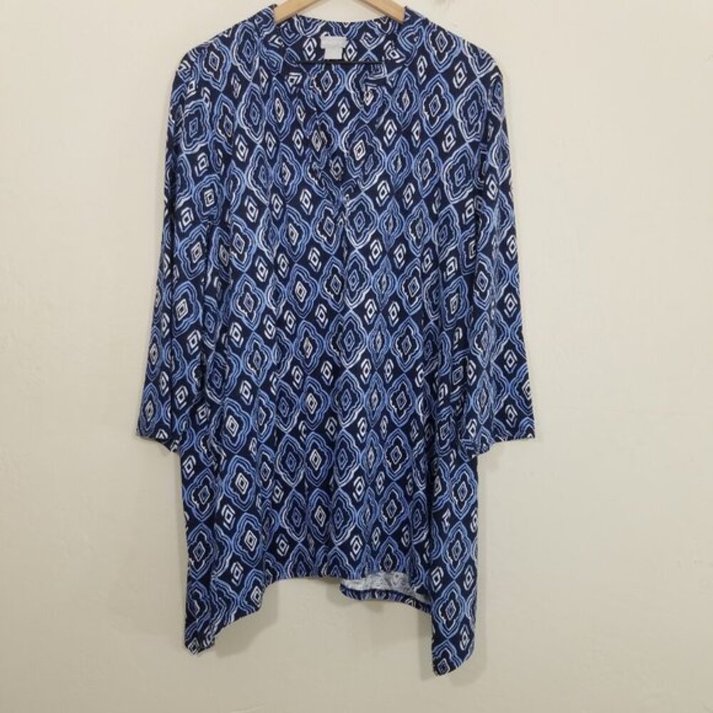 NWT Chico's Cotton Blend Diamond 3 Quarter Sleeve Tunic Classic Navi Top Size 4